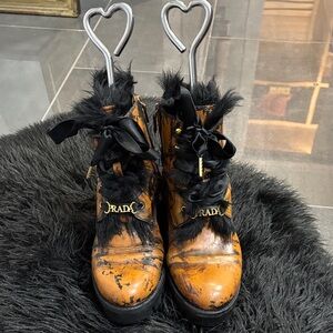 Prada Women's Black and Tan Lace-Up Boots